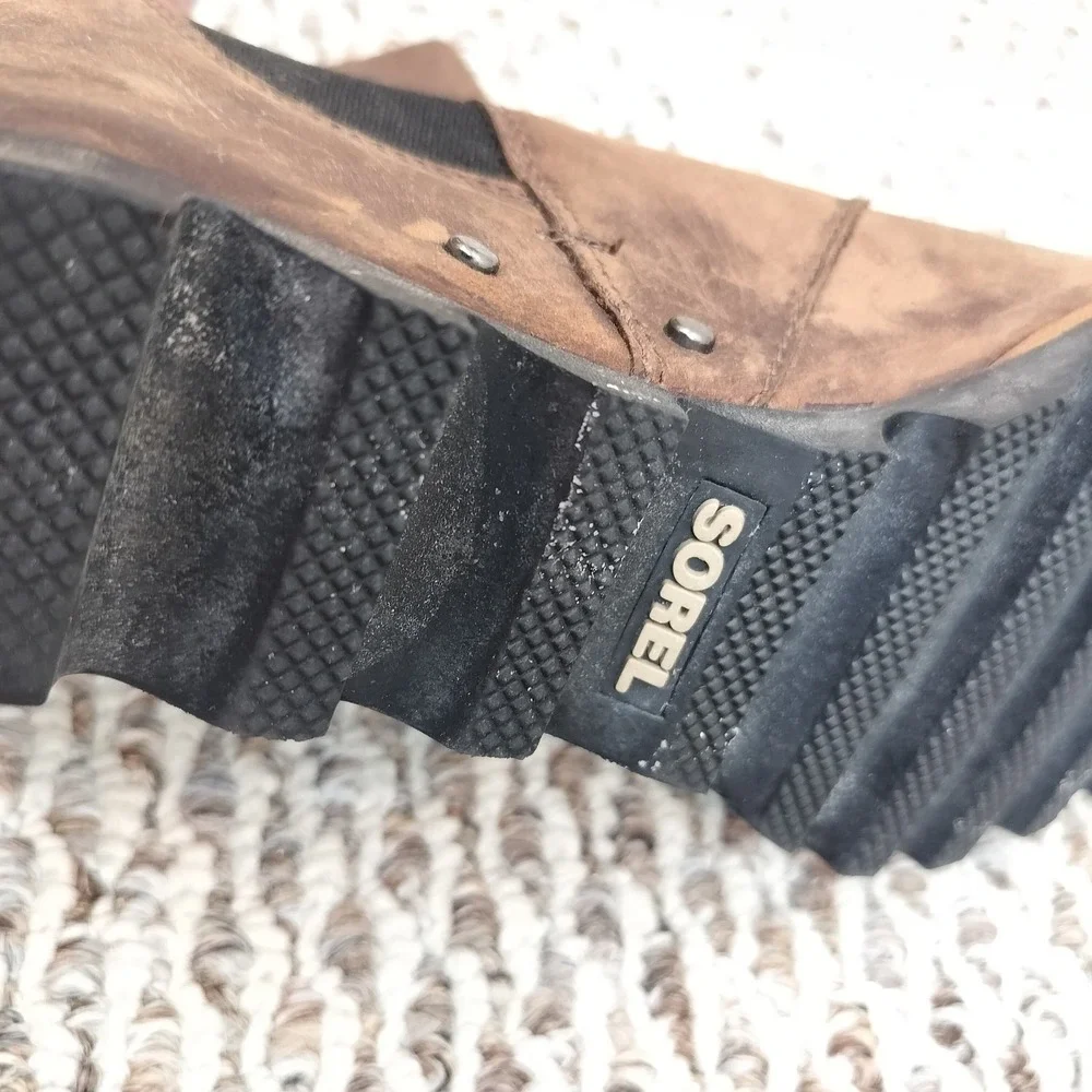 SOREL Joan of Arctic Wedge Chelsea Boots 9 Women's Elk Brown Leather Bootie